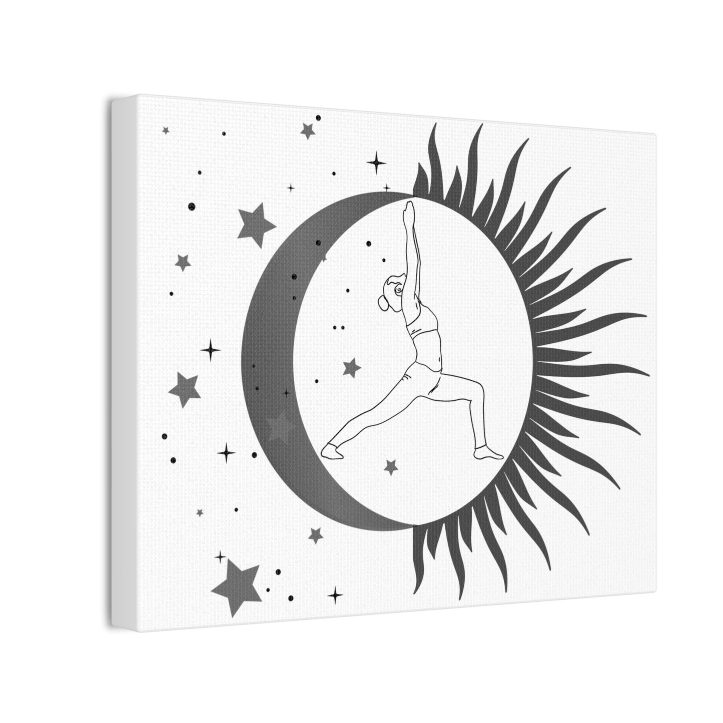 Sun & Moon Yoga Wall Canvas — Warrior Pose Celestial Art Print in Grayscale