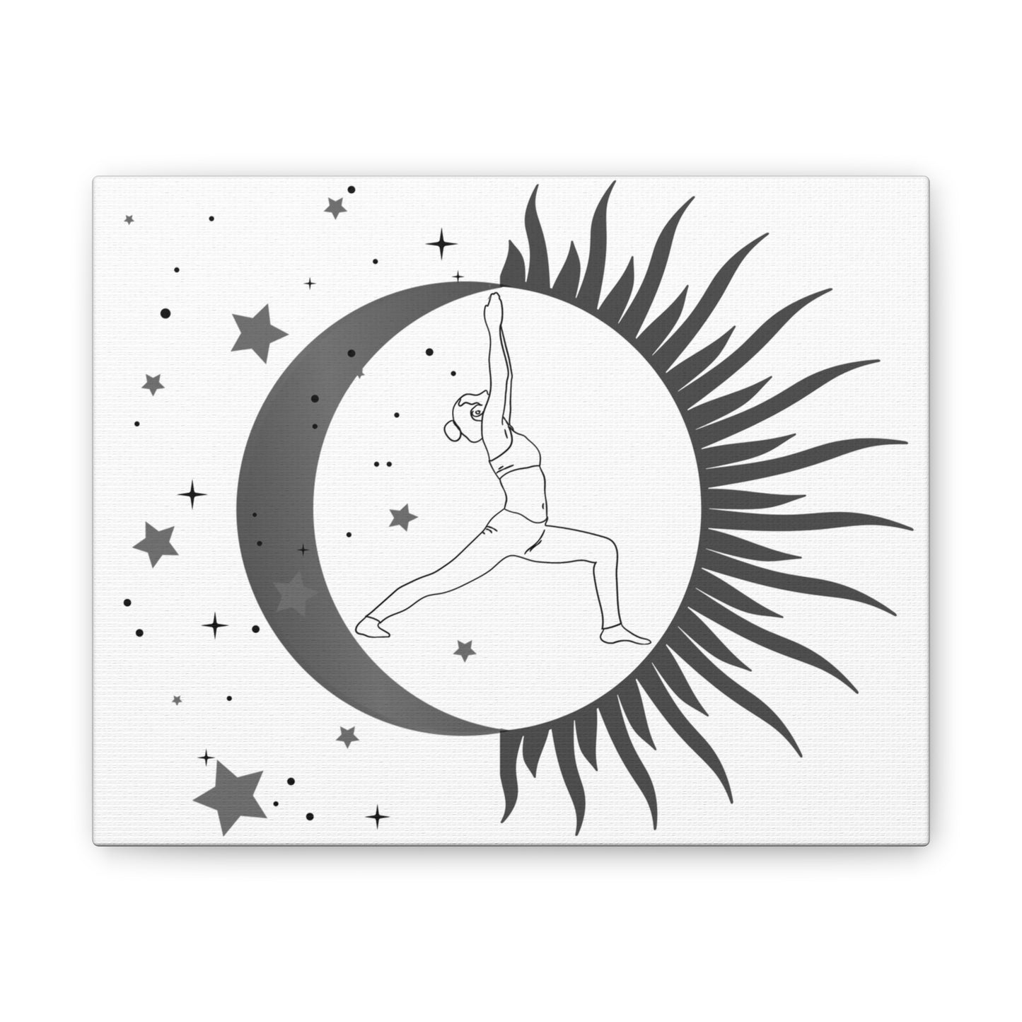 Sun & Moon Yoga Wall Canvas — Warrior Pose Celestial Art Print in Grayscale