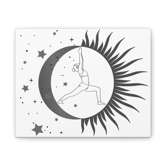 Sun & Moon Yoga Wall Canvas — Warrior Pose Celestial Art Print in Grayscale
